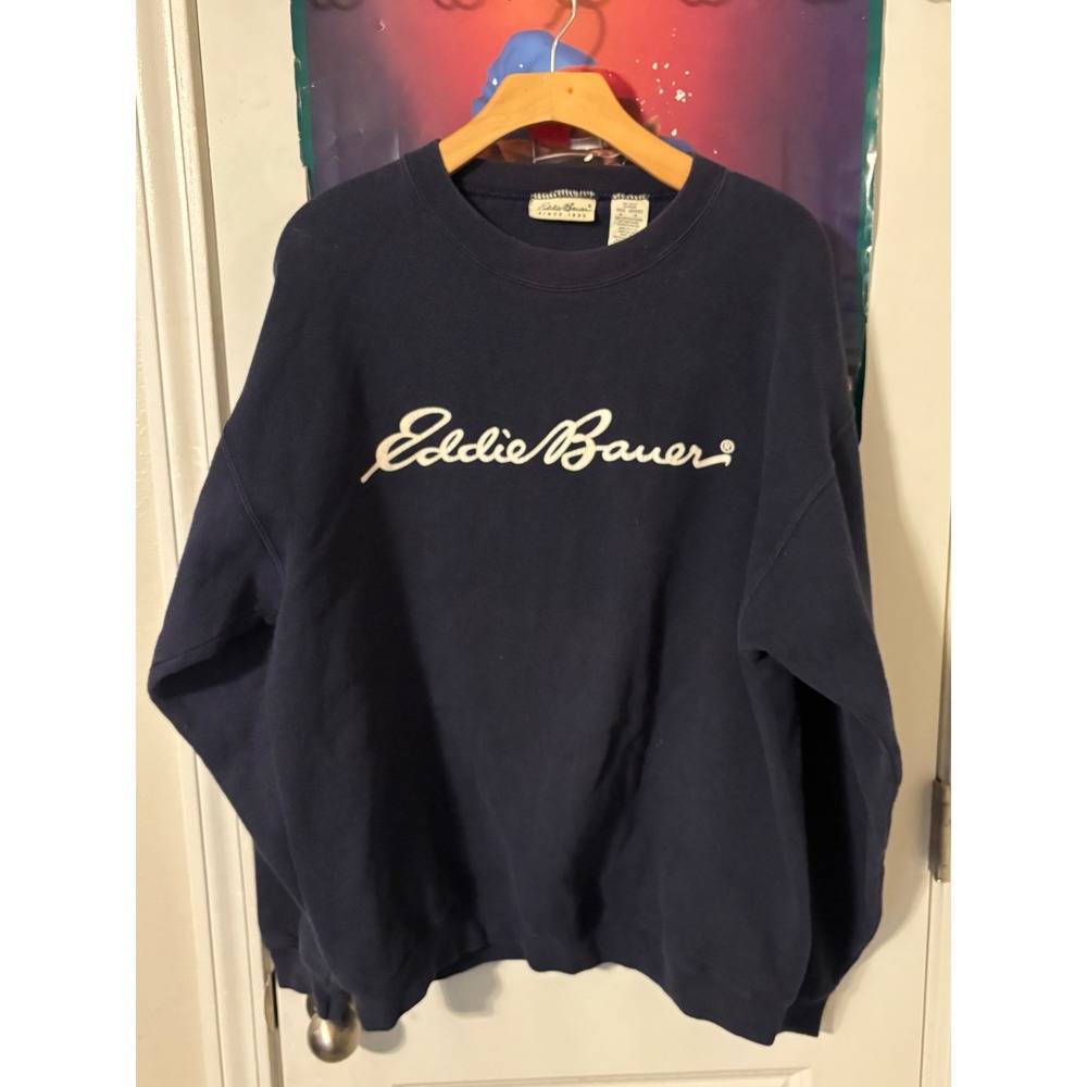 Vintage Eddie Bauer Navy Blue Script Logo Crewneck Sweatshirt Mens Medium USA